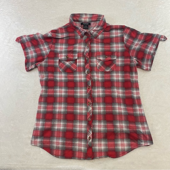 Tattoo Women's Red White Plaid Button Up Short Sleeve Size XL - Picture 1 of 12